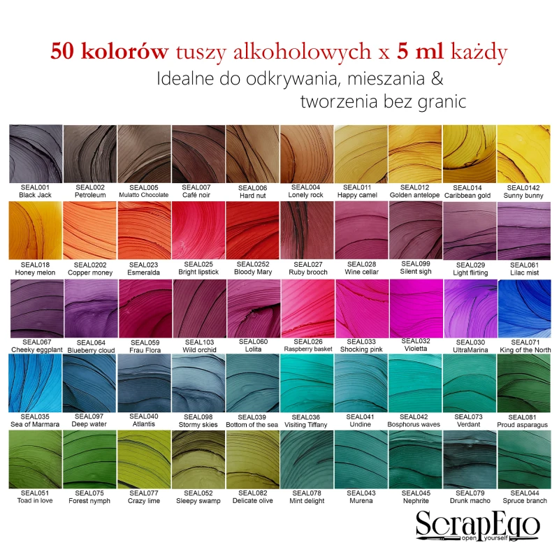 Paleta i nazwy 50 kolorów tuszy alkoholowych ScrapEgo 5ml